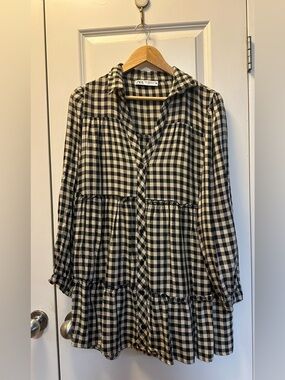 Zara Gingham Mini Dress Medium Black White Check Tiered Button Front
